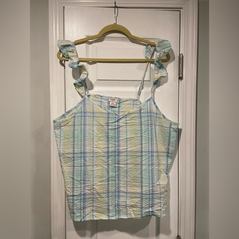 NWT J. Crew Blue Seersucker Ruffle Strap V Neck Lightweight Pajama Top Size XL